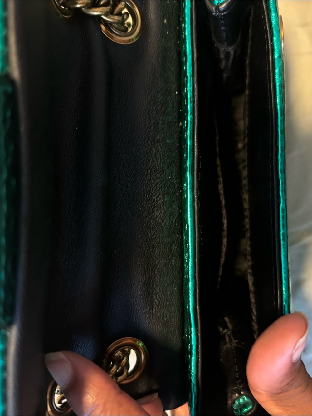 Kurt Geiger Metallic snake print Emerald Green mini Bag with brushed Gold Chain - Picture 5 of 10